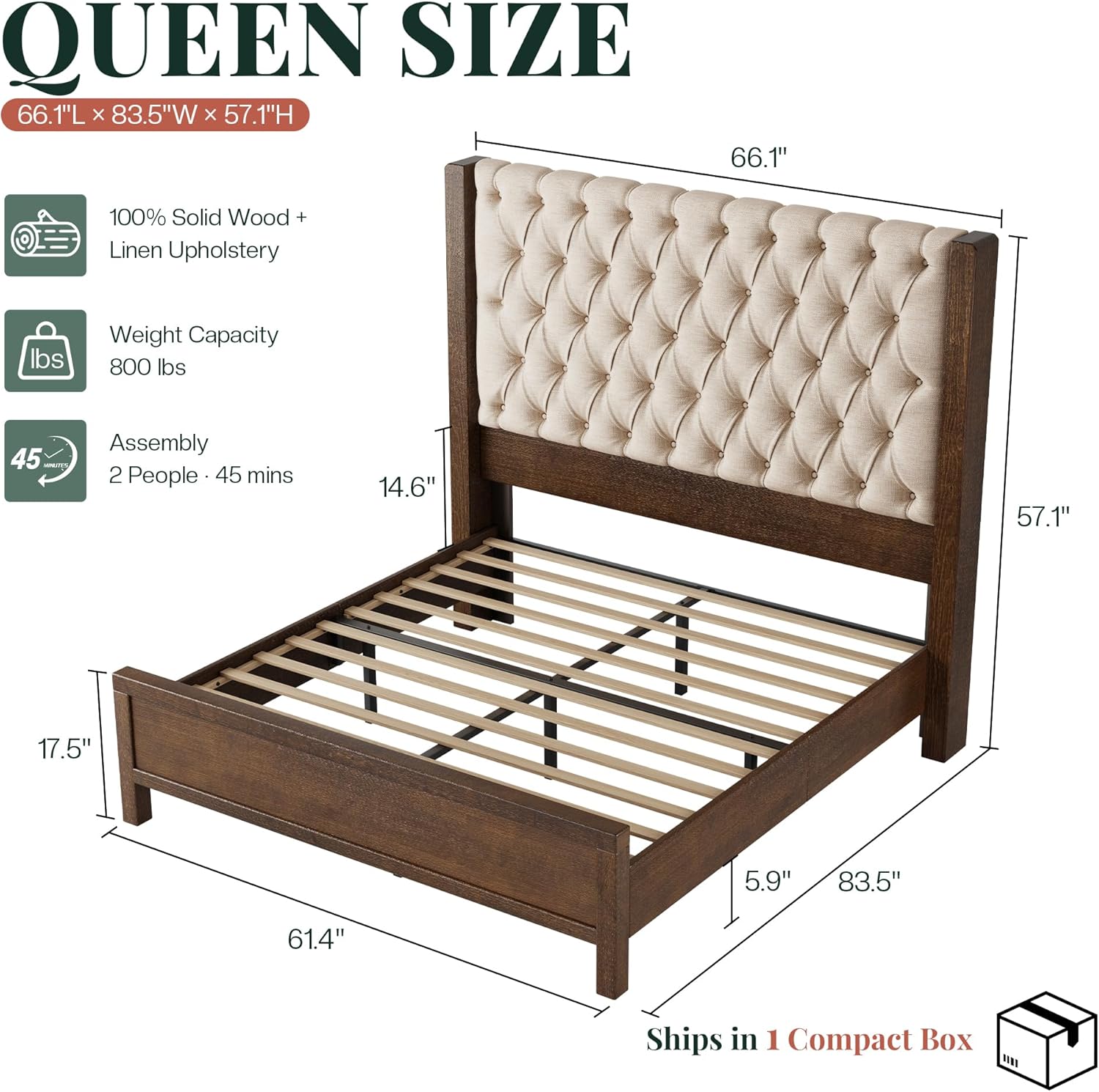 Jocisland Queen Size Solid Wood Bed Frame,57" Wingback Headboard,Walnut