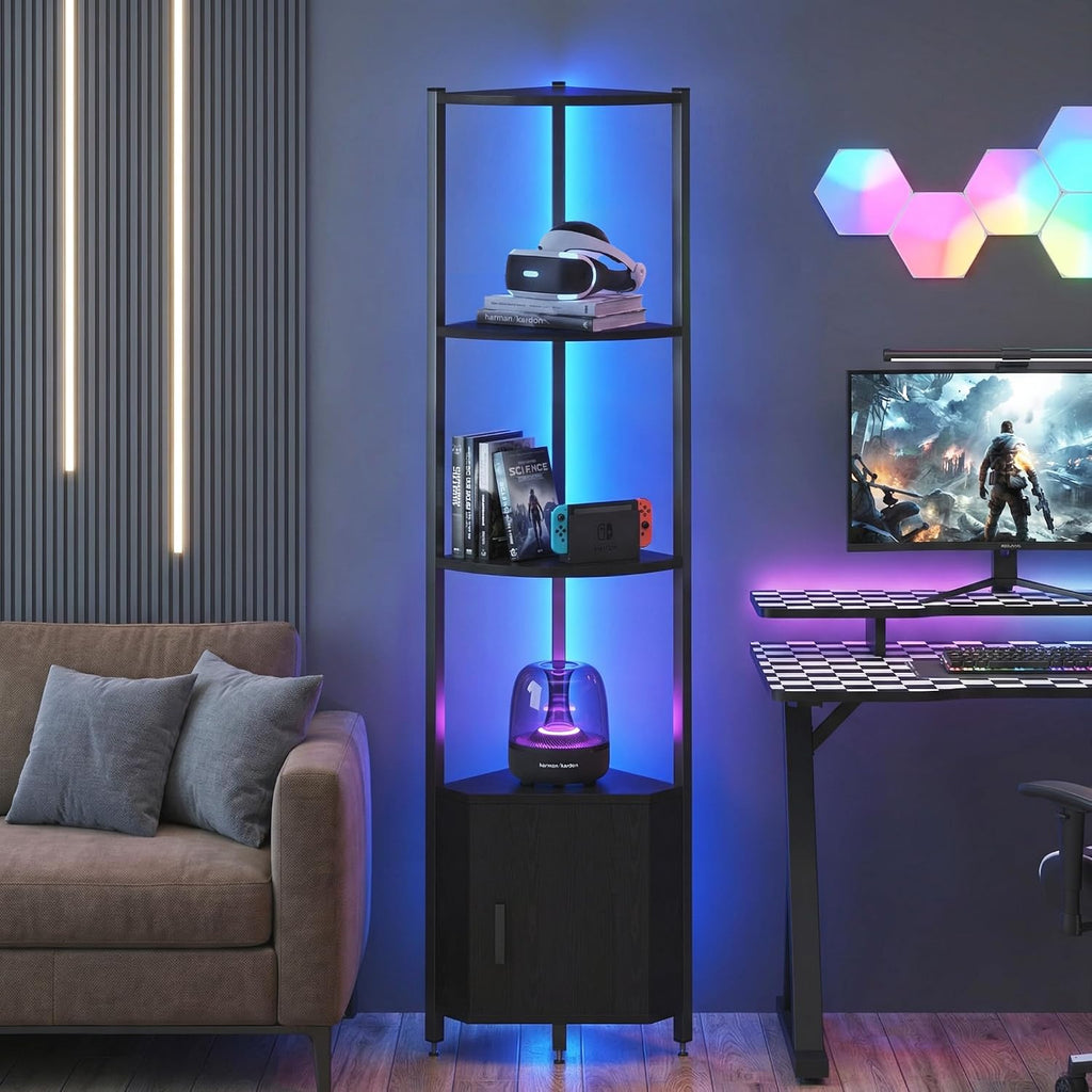 Corner Shelf with Storage, LED Lights 6-Tier Corner Bookshelf, 66'' Organizer Book Shelf Shelves Steel Frame Display Stand with Living Room, Bedroom, Study, Black