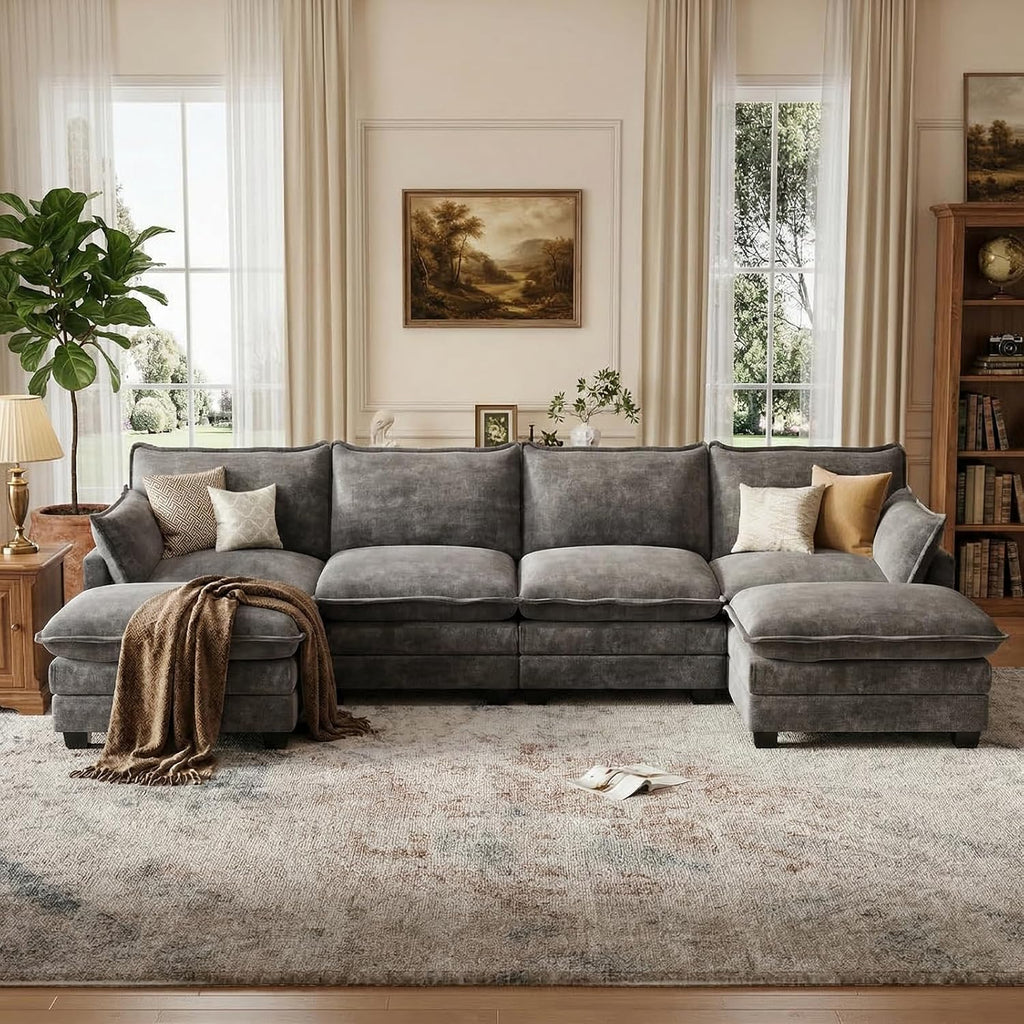 U Shaped Modular Sectional Couch, Comfy Sofa for Living Room | Comfortable Foam Cushions, Sturdy Frame, Appealing Look, Easy Assembly, Soft Chenille Fabric, Movable Ottoman, Dark Gray