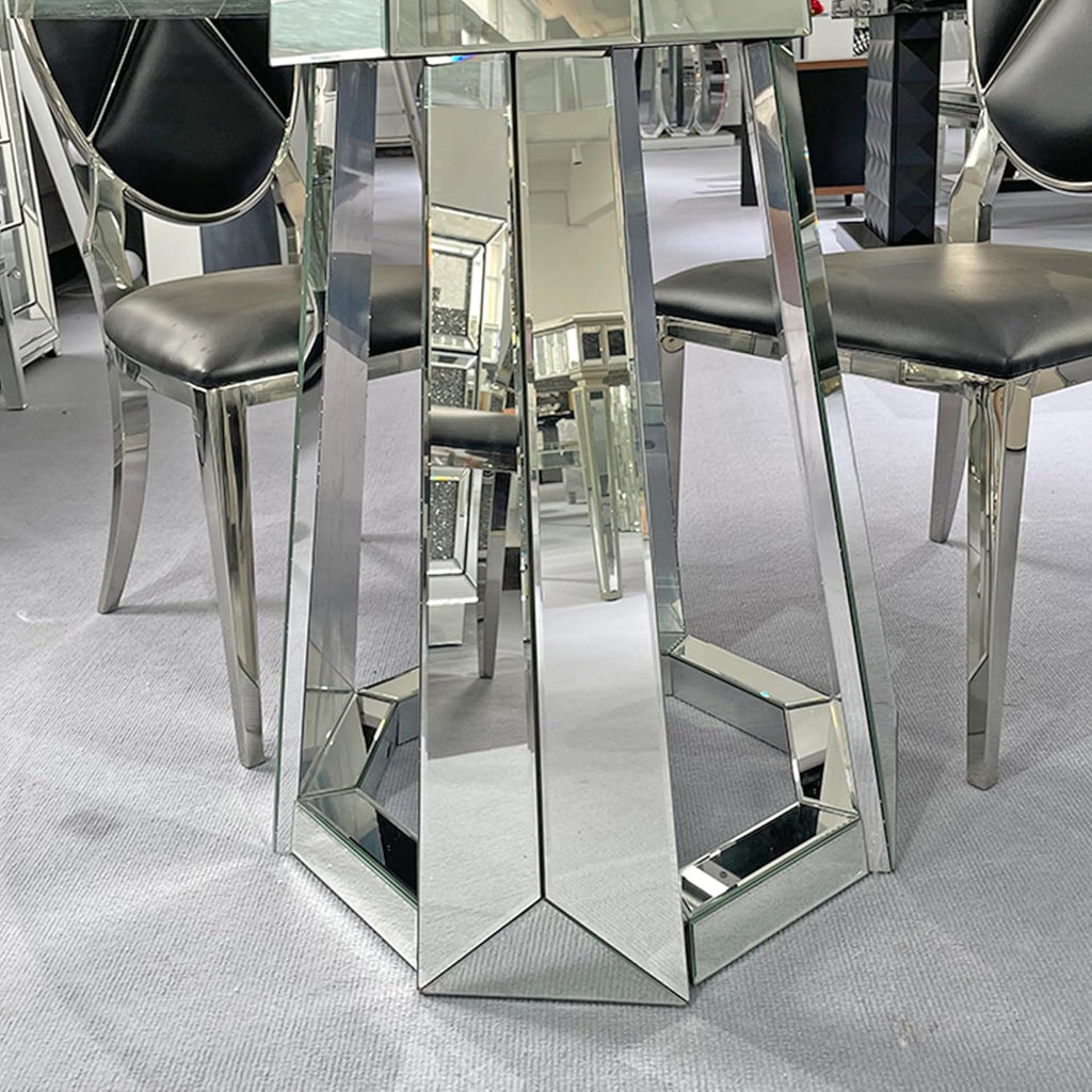Henf Luxury Round Glass Dining Table for 4-6, Silver 47" Glass Kitchen Table with Mirrored Base, Modern Circle Dining Room Table (Table Only)