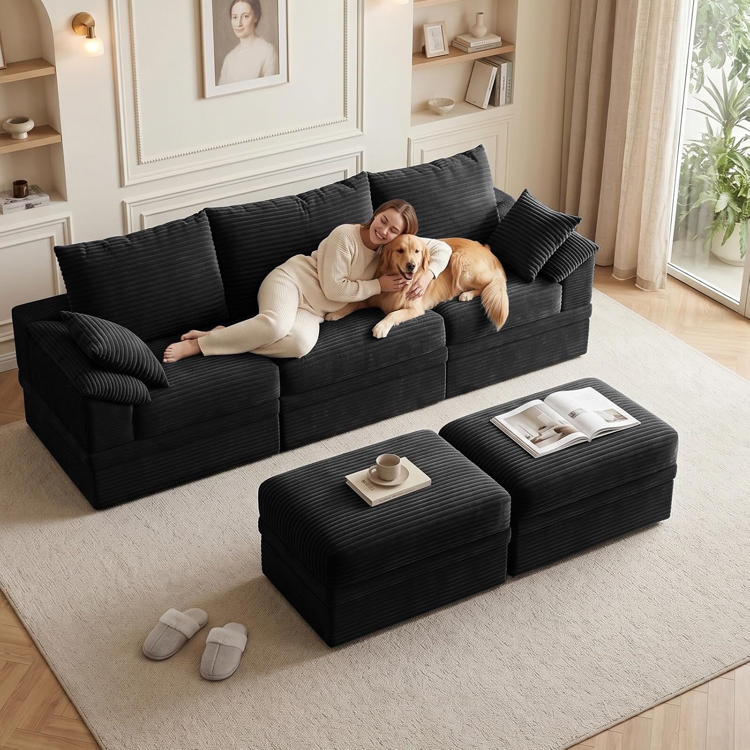 107" Modular Sectional Sofa Couch with Storage,U-Shape 3 Seat Comfy Modern Cloud Couch Sofa with Ottoman, 27" Deep Seat Corduroy Sofa for Living Room, Tool-Free Assembly - Black