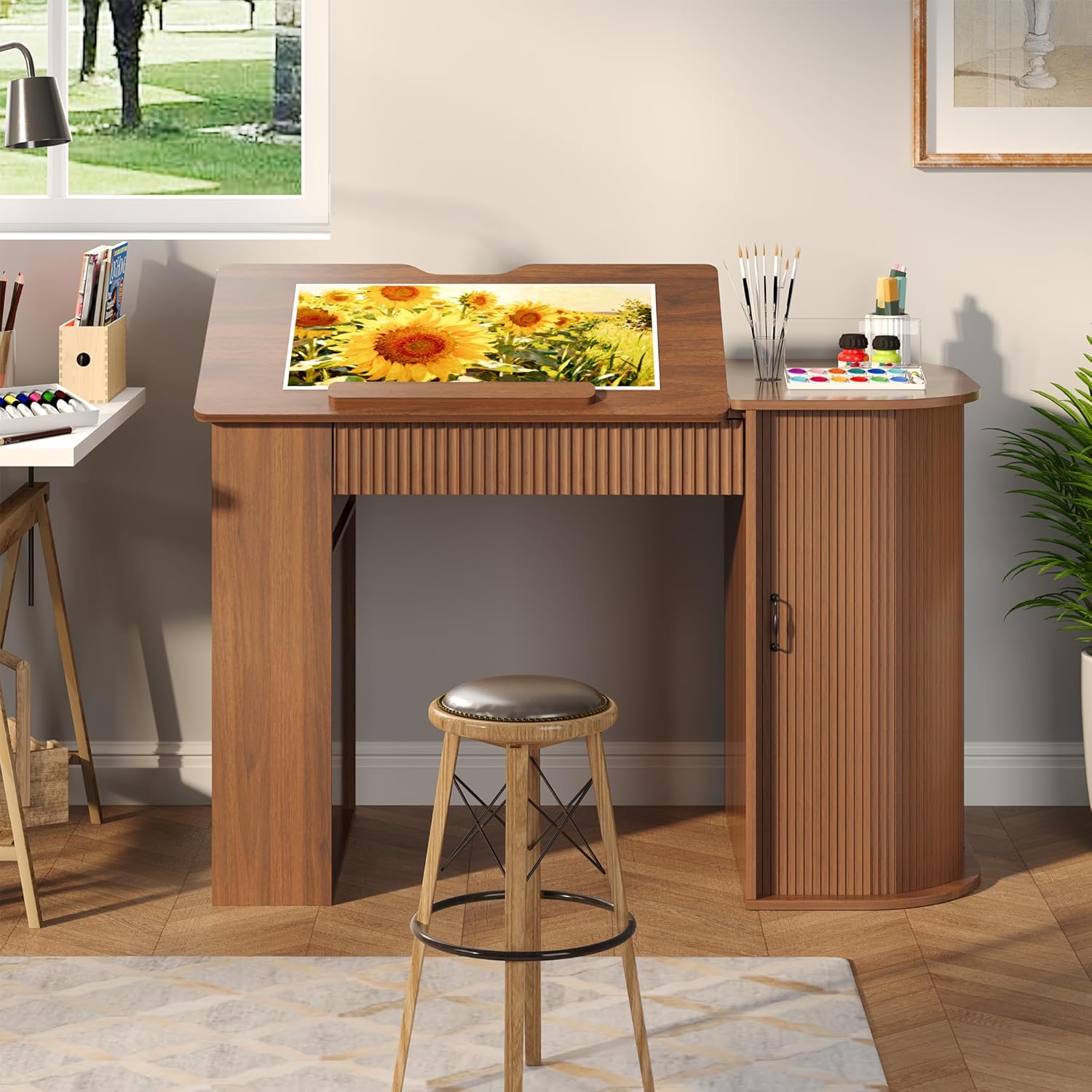 Drafting Table with Storage Cabinet & Drawers, Crafting Table with Open Shelves, Fluted Drawing Desk Computer Desk for Artists, Painters, Drawing, Crafting, Reading, Writing, Working