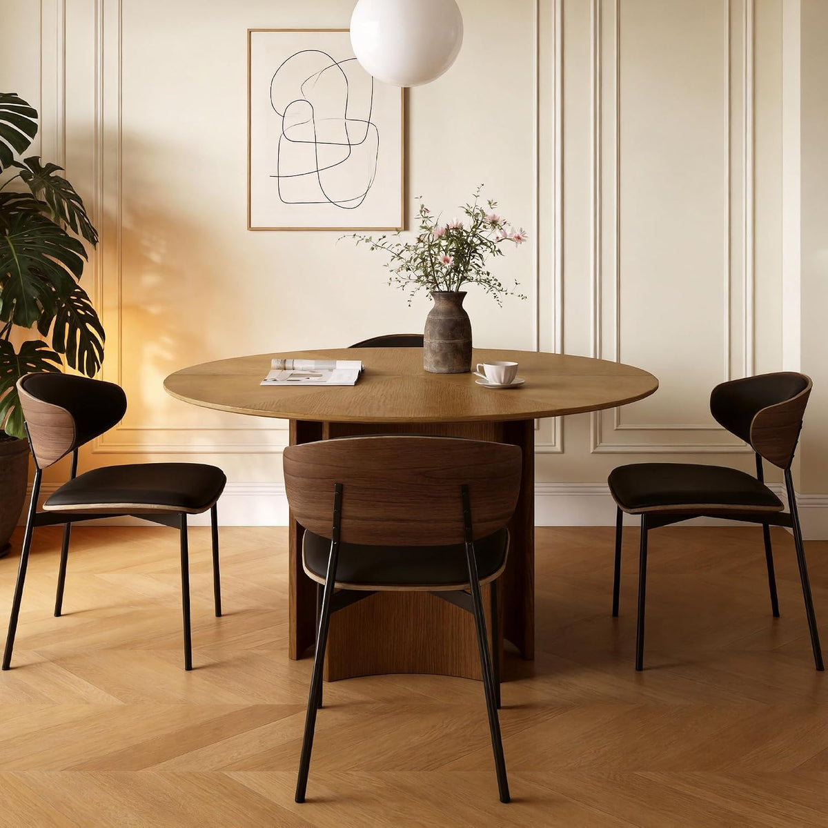 59" Round Wood Dining Table – Mid-Century Modern Kitchen Table with Pedestal Base for 4–8 People, Perfect for Living Room, Dining Room & Kitchen, Walnut Finish