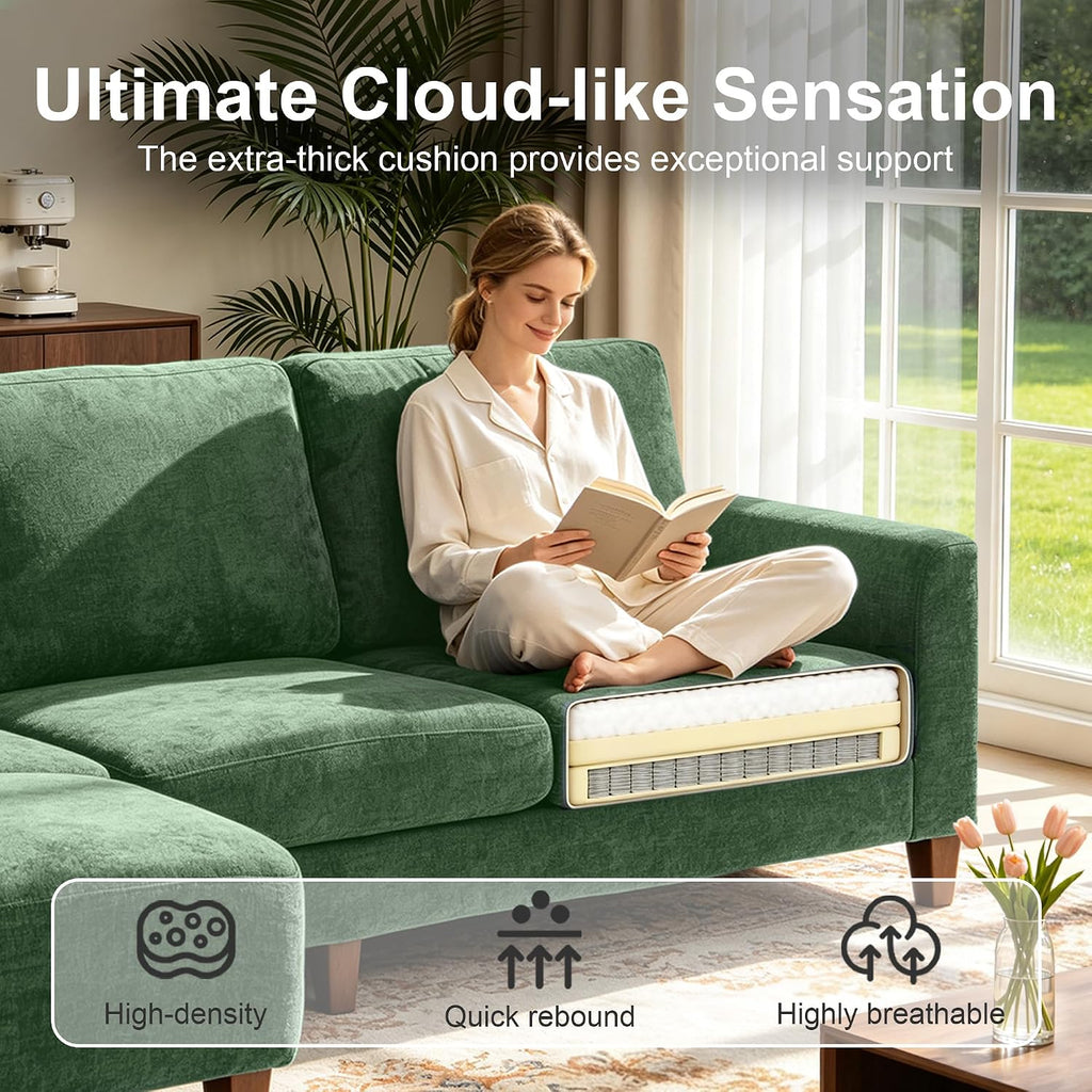 L Shaped Sectional Couch for Living Room, Modular Small Sofa with Ottoman | 96 Inch, 3 Deep Seats, Green, Chenille, Easy Tool-Free Assembly, Modern Compact Sofa Set for Apartment, Office, Small Space