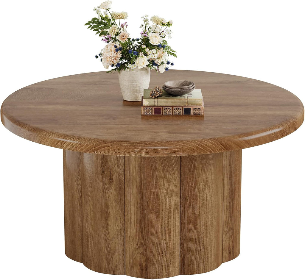 Tribesigns 31.5" Round Coffee Table for Living Room, Farmhouse Circle Center Cocktail Table with Fluted Drum Base, Wooden Living Room Furniture for Apartment, Small Space, Brown
