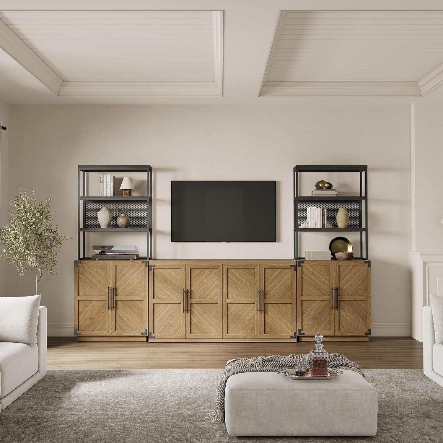 SICOTAS Buffet Cabinet with 4 Doors, Modern Sideboard Cabinet with Storage and Adjustable Shelves, Large Credenza Storage Cabinet (1, Oak Brown)