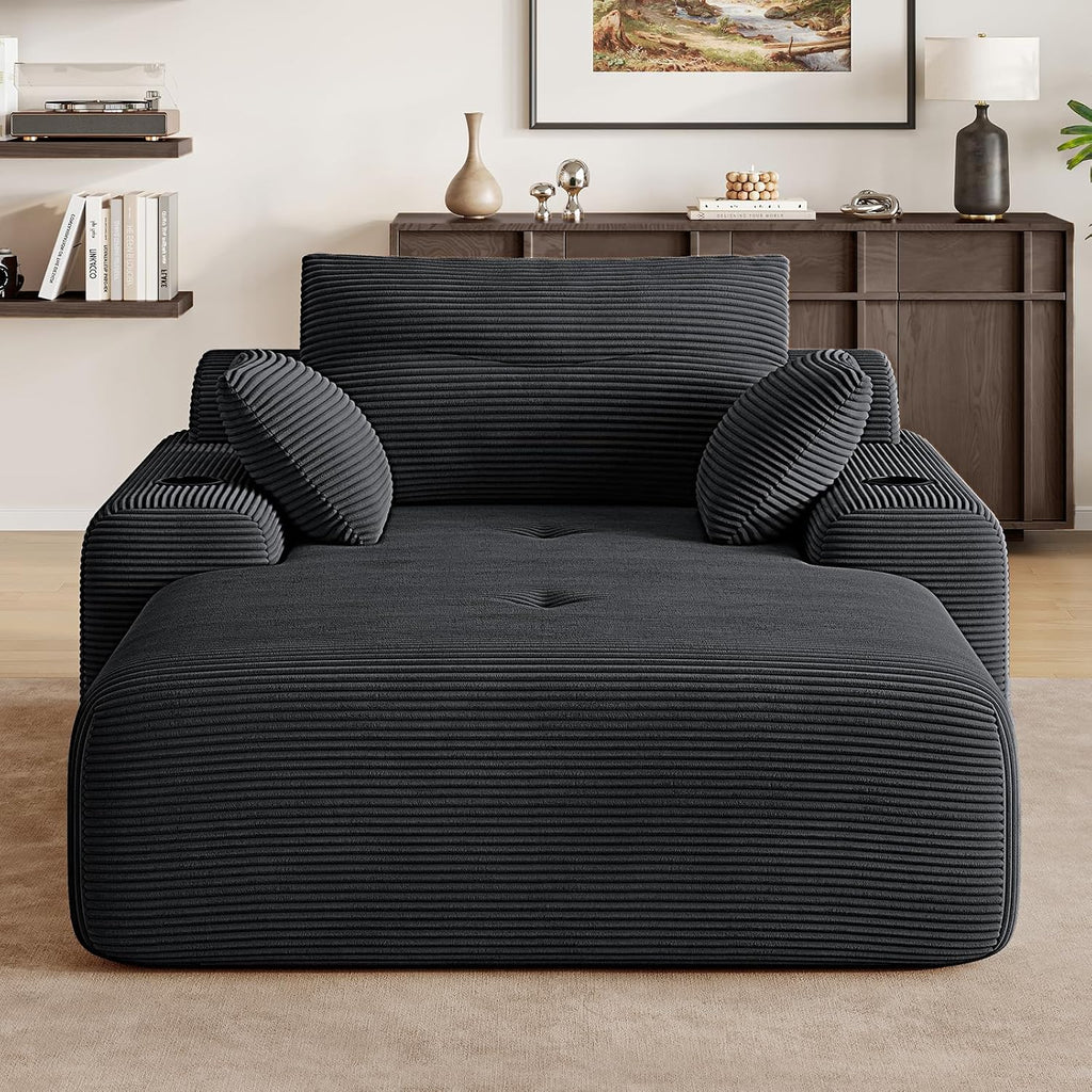 69” Oversized Chaise Lounge Chair Indoor, Soft Floor Chaise Lounge Reading Chairs with 4 Side Pockets and 2 Cup Holders, Comfy Corduroy Sleeper Sofa Bed for Living Room Bedroom, Black