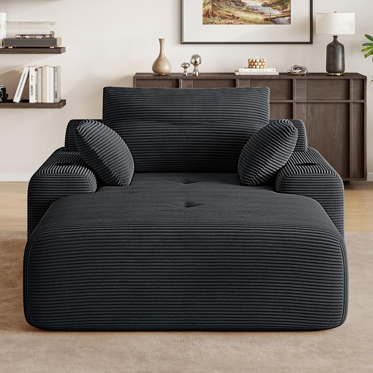 69” Oversized Chaise Lounge Chair Indoor, Soft Floor Chaise Lounge Reading Chairs with 4 Side Pockets and 2 Cup Holders, Comfy Corduroy Sleeper Sofa Bed for Living Room Bedroom, Black