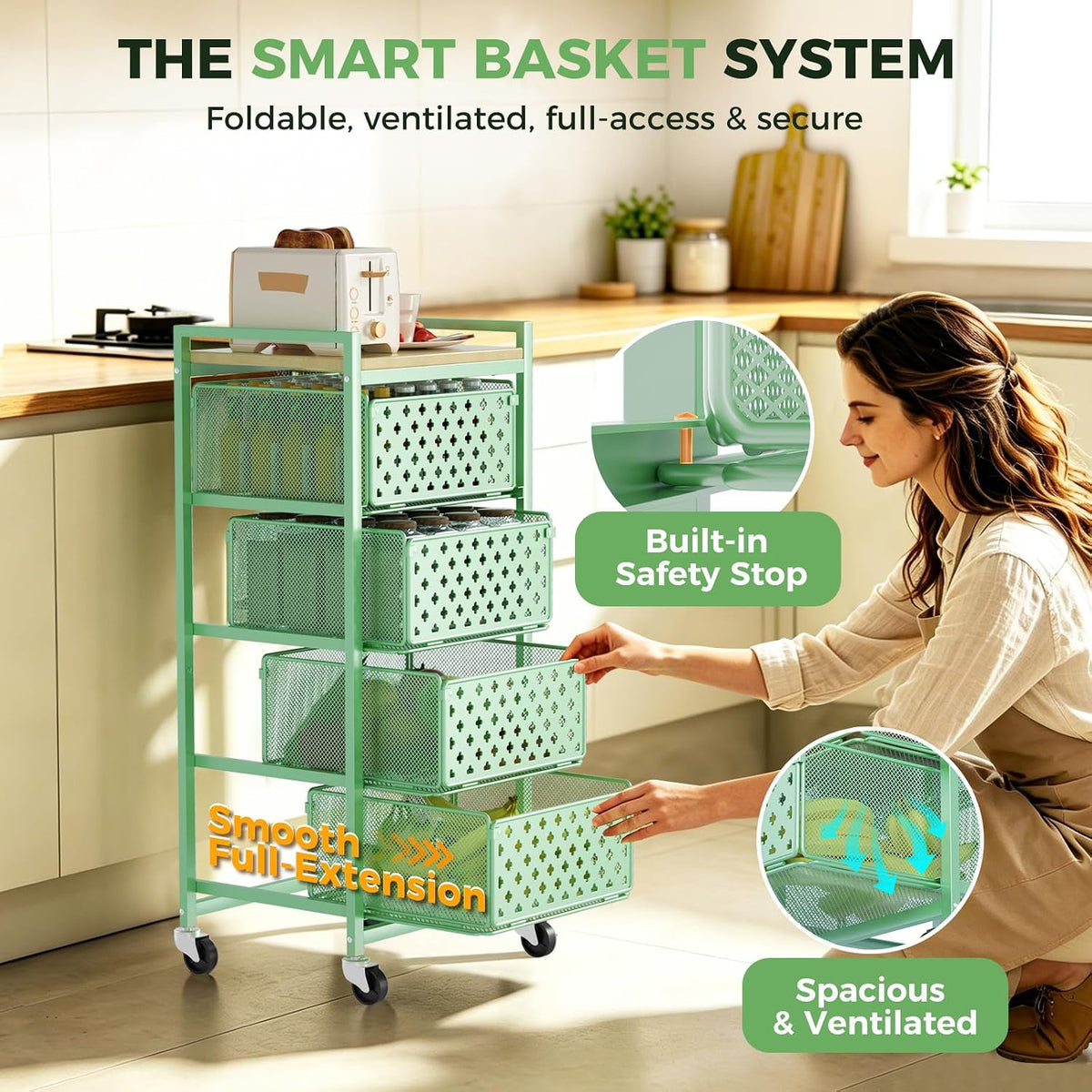 5 Tier Kitchen Storage Cart with Wheels, Utility Fruit Vegetable Storage Rack Stand with Pull-Out Baskets & Wood Top, Metal 4-Drawers Rolling Snack Cart, Kitchen Cart for Potato Onion(Green)