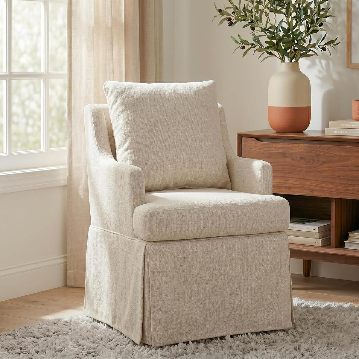 UVV Upholstered Dining Chairs Set of 2, Modern Kitchen Chair Dining Room Chair with 4 Casters, Linen Armchair for Bedroom Reading Room Living Room,Beige
