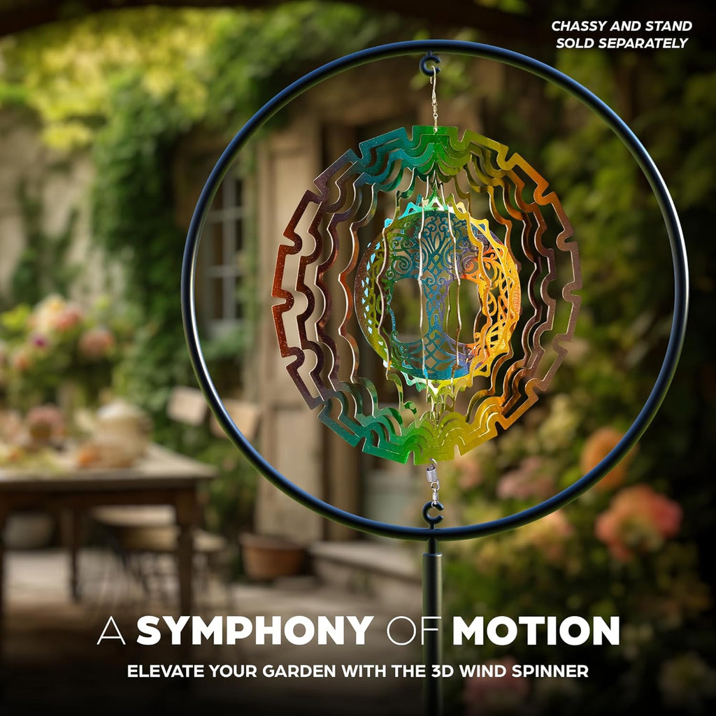 Skylar Tree of Life Wind Spinner, Stainless-Steel Garden Decor, 3D Wind Charm with Holographic Effect, Unique 12-Inch Sun Catcher, Foldable Ornament with 2 Support Hooks for Hanging