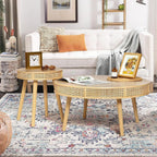RUSTOWN 2-Piece Round Coffee Table Set with Rattan Accent, Soild Wood Leg, Farmhouse Modern Side Tables for Living Room, Boho Decor, Natural Finish