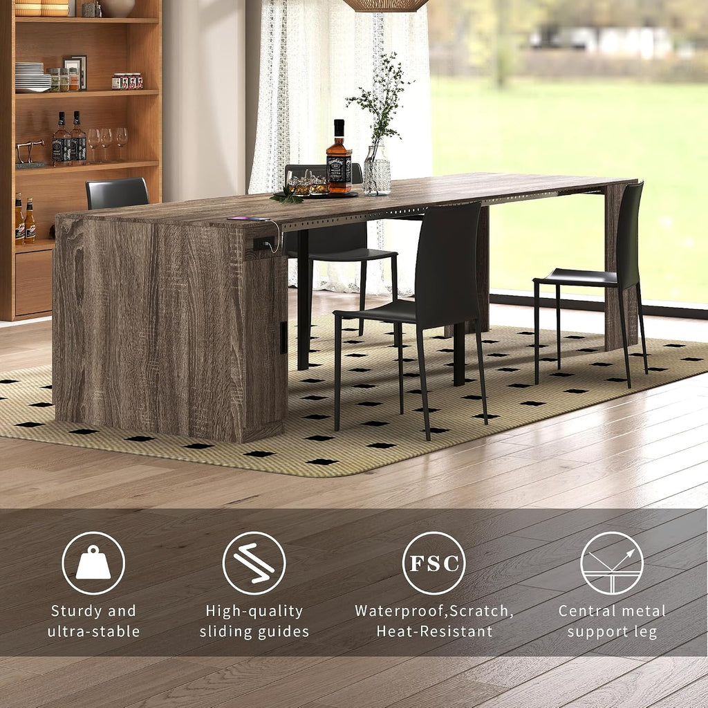 Extendable Dining Table with Built-in Power Outlet, 118” Expandable Dining Table for 11, Storage Cabinet Console Table, Modern Dining Room Furniture Gray