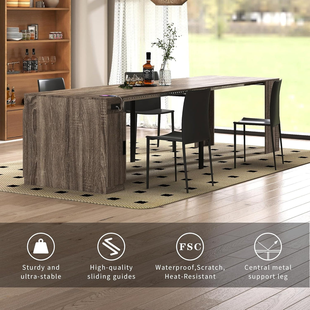 Extendable Dining Table with Storage, Transformer Extra Console Table for 1-12 People, Folding Space Saving Dining Room Table with Built-in Outlet for Homes, Apartments, Oak