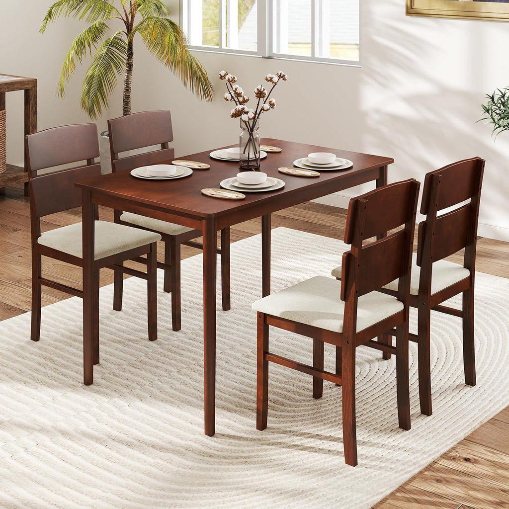 GOFLAME 5-Piece Dining Table Set for 4, Farmhouse Wooden Kitchen Table & 4 Upholstered Chairs with Padded Seat and Rubber Wood Legs, Space Saving Dinette Set for Dining Room, Restaurant, Small Space