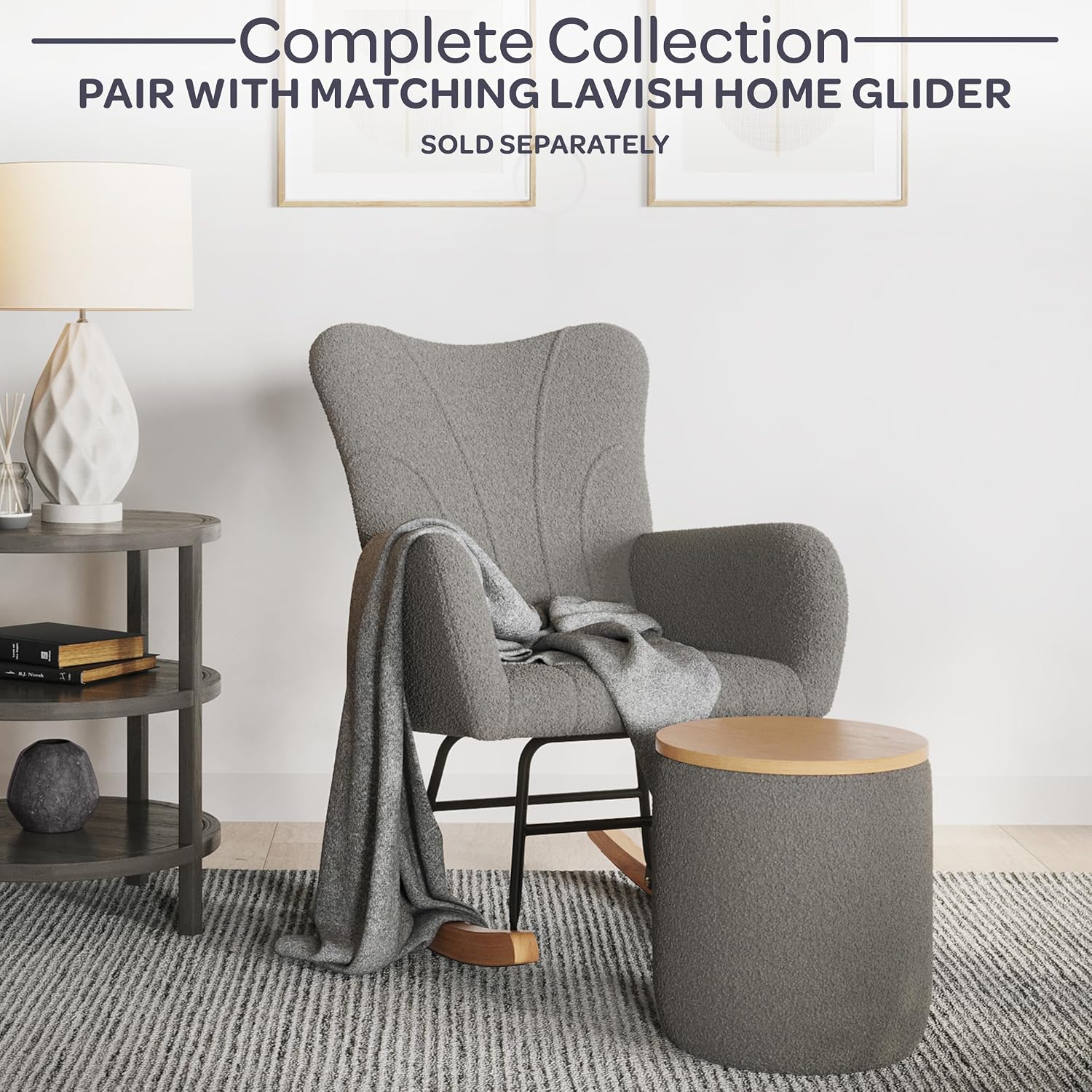 Storage Ottoman - Teddy Fabric Upholstered Ottoman with Wood Top for Living Room, Dorm, or Apartment - Ottomans with Storage by Lavish Home (Dark Gray)