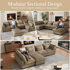 130" Oversized Cloud Couch Large Modular Sectional Sofa Modern U Shaped Sectional Couch 6 Deep Seat Sofa Set for Living Room Comfy Corduroy Cloud Sofa with Ottoman, USB Port, Cup Holder, Light Brown