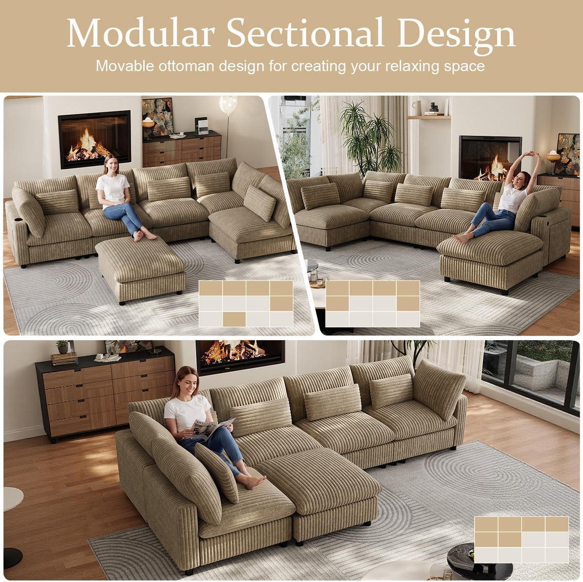 130" Oversized Cloud Couch Large Modular Sectional Sofa Modern U Shaped Sectional Couch 6 Deep Seat Sofa Set for Living Room Comfy Corduroy Cloud Sofa with Ottoman, USB Port, Cup Holder, Light Brown