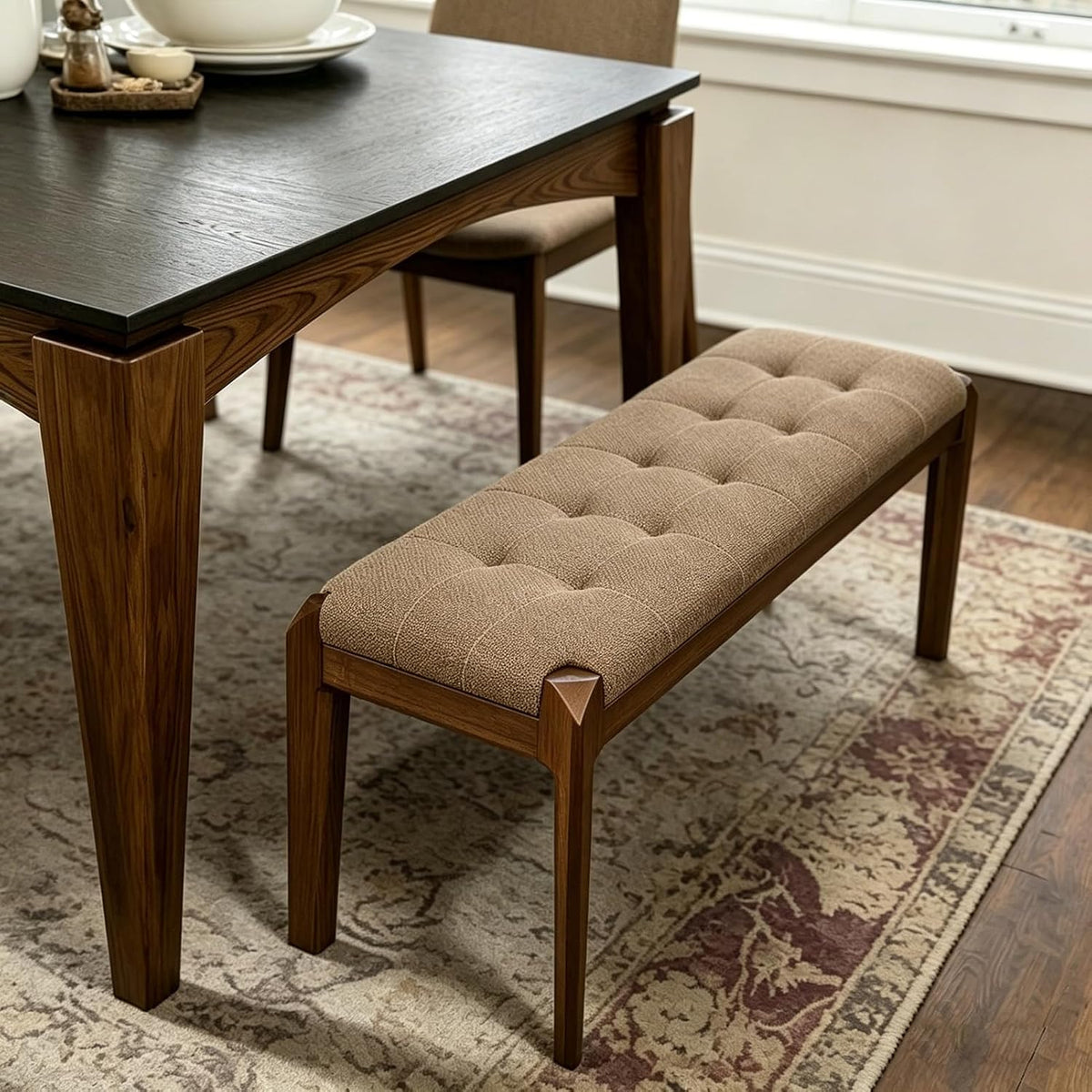 Lartis Solid Wood Dining Bench, Grid Quilted Button Tufted Cotton Linen Upholstered Bench, Angular Tapered Wooden Legs, Padded End of Bed & Entryway Bench, Easy Leg Assembly