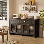 Buffet Cabinet with Storage and LED Light, 55” Sideboard Buffet Cabinet with 4 Glass Doors & 2 Drawers & Adjustable, Modern Credenza Coffee Bar Cabinets Buffets Table for Kitchen, Dining Room, Black