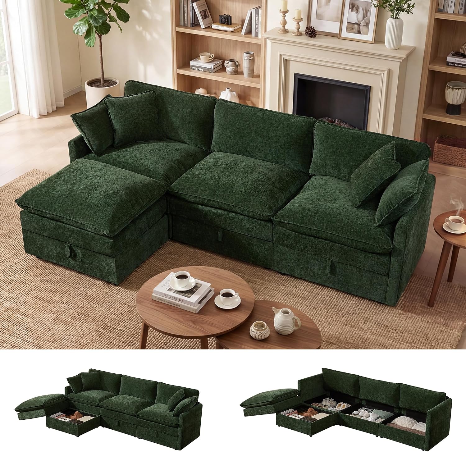 WorthFurni Modular Sectional Sofa with Storage Ottomans,103" L-Shaped Cloud Couch,Comfy Modern Couches with Pillows & Upholstered Deep Seat Cushion for Apartment Living Room Bedroom（Green）