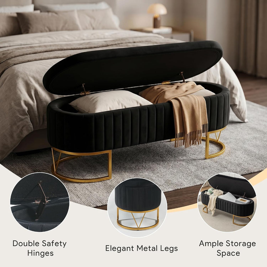 Storage Bench Bedroom Bench, Velvet Oval Upholstered End of Bed Bench with Golden Metal Legs, 46” Modern Storage Ottoman Bench for Bedroom, Living Room, Entryway, Window, Black