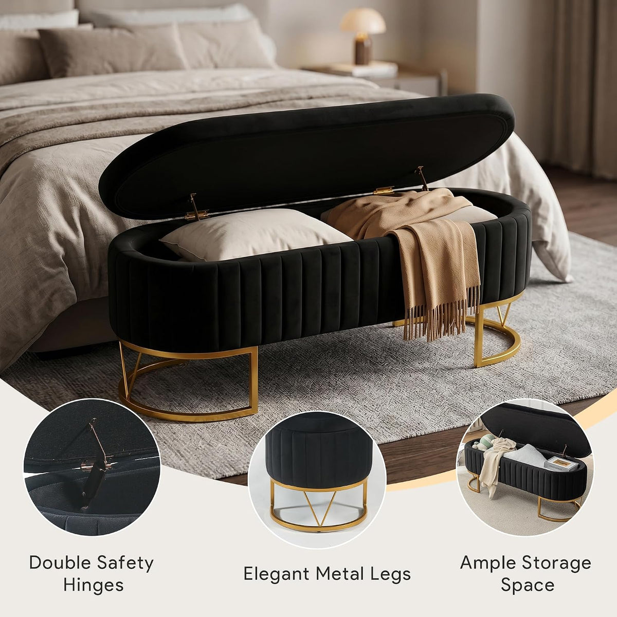 Storage Bench Bedroom Bench, Velvet Oval Upholstered End of Bed Bench with Golden Metal Legs, 46” Modern Storage Ottoman Bench for Bedroom, Living Room, Entryway, Window, Black