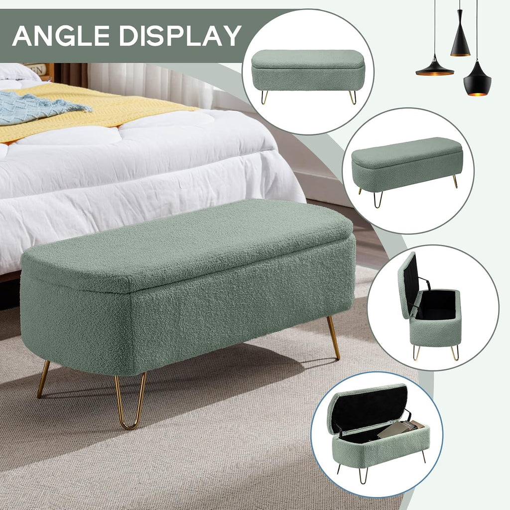 Modern Storage Ottoman Bench, Teddy Upholstered Entryway Bench with Gold Legs, Vintage End of Bed Bench with Safety Hinge, Padded Bench with Storage for Living Room, Bedroom, Entryway (Green)