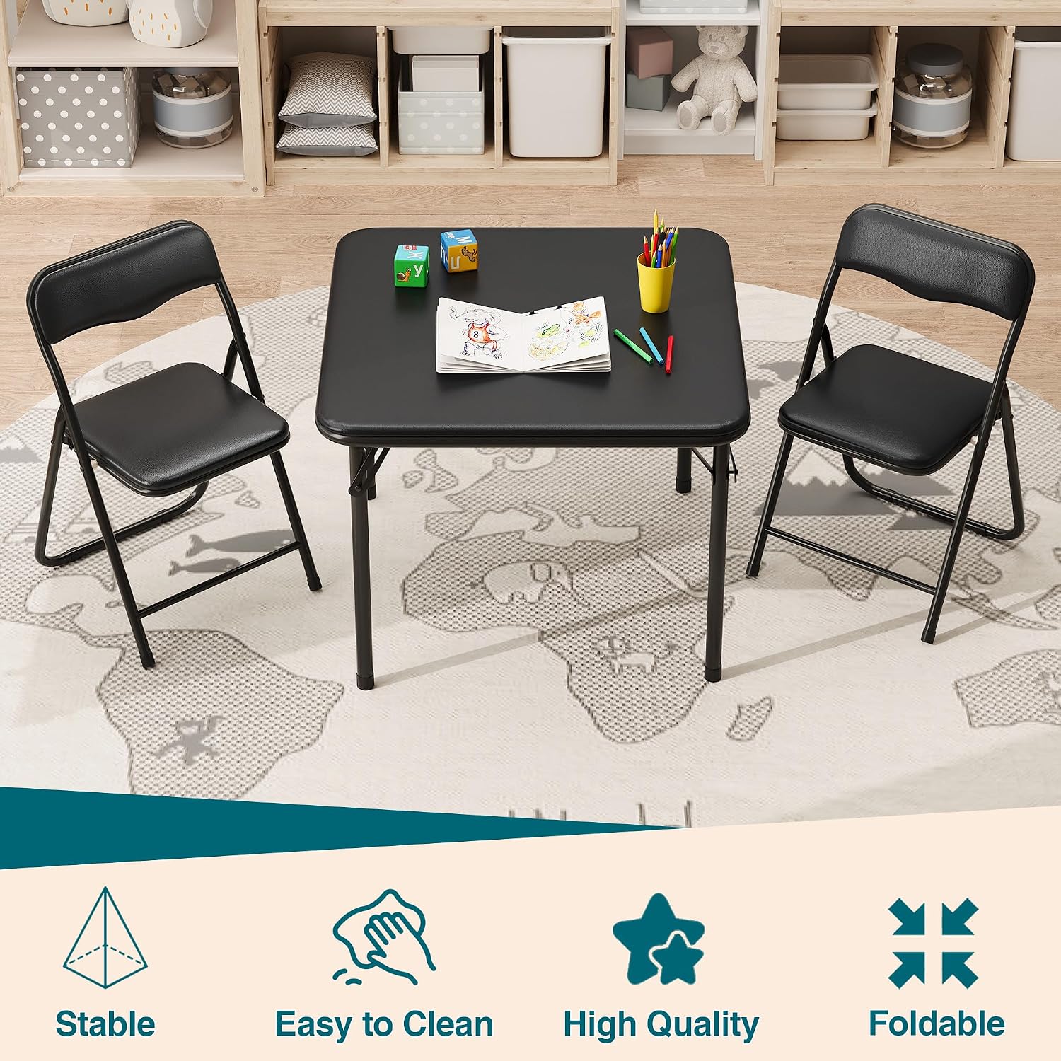 CABIHOME Kids Folding Table & Chair Set 3pc PU Padded Cushion No Tools Needed Toddler