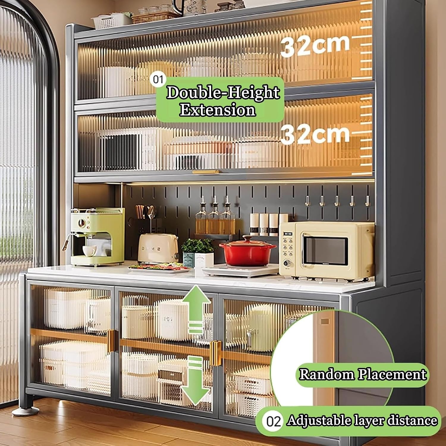 JKGHK Kitchen Pantry Storage Cabinet, Kitchens Baker's Rack with Acrylic Cabinet Door, Buffet Cabinets On Wheels with Pegboard, for Garage Pantry Home Spices(White,47x69in)
