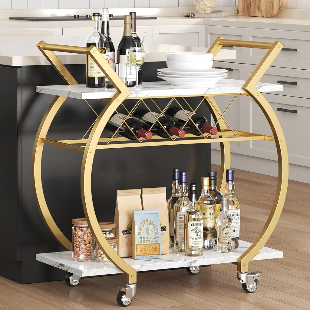 LVB Gold Bar Cart with Wheels, Modern White Marble Home Bar Serving Cart | Drink Cart with Wine Rack, Metal Wooden Beverage Cart, Rolling Kitchen Cart for Home Dining Room,Gold White Marble