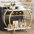 LVB Gold Bar Cart with Wheels, Modern White Marble Home Bar Serving Cart | Drink Cart with Wine Rack, Metal Wooden Beverage Cart, Rolling Kitchen Cart for Home Dining Room,Gold White Marble