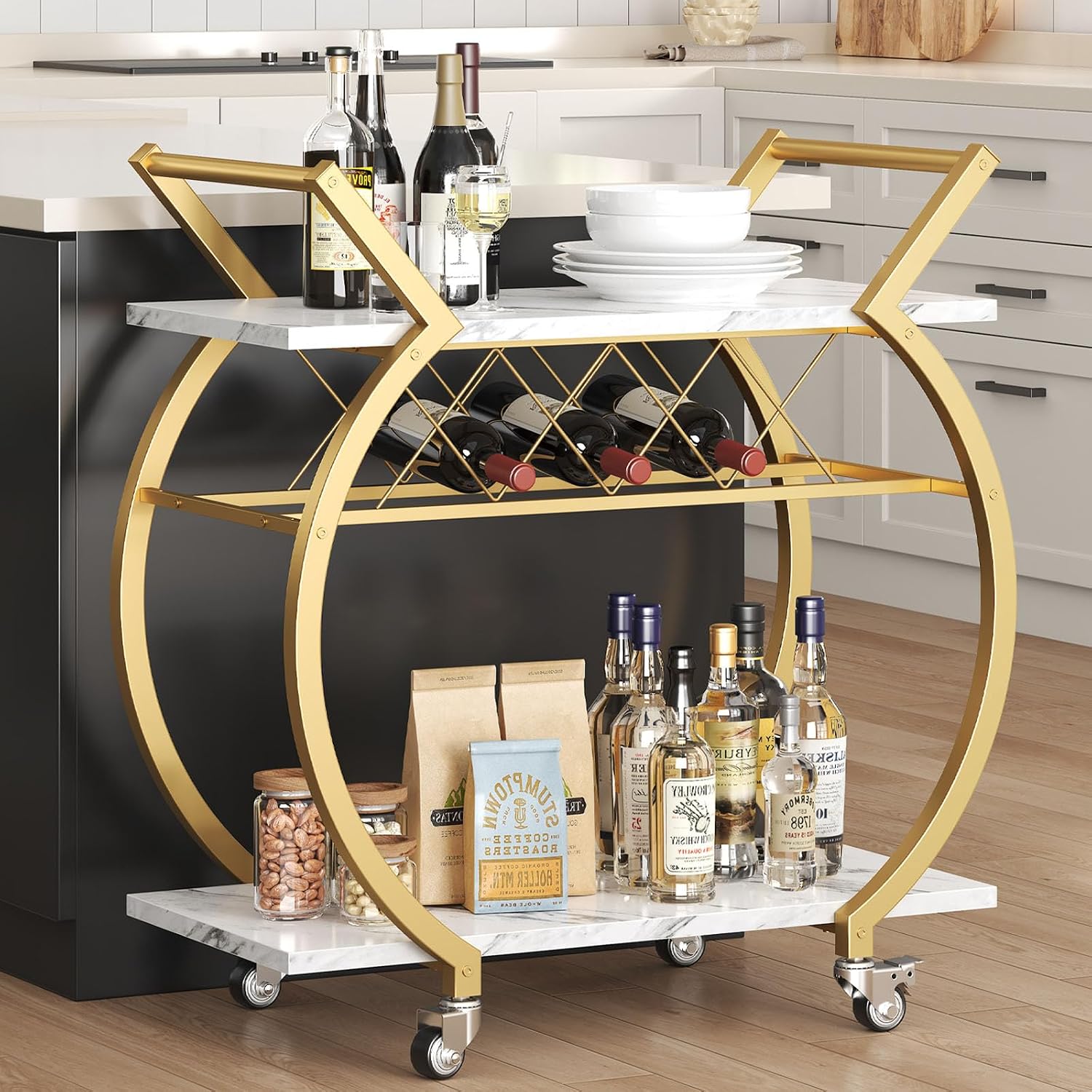 LVB Gold Bar Cart with Wheels, Modern White Marble Home Bar Serving Cart | Drink Cart with Wine Rack, Metal Wooden Beverage Cart, Rolling Kitchen Cart for Home Dining Room,Gold White Marble