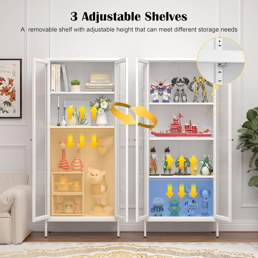 SteeLoong 66" Display Cabinet with Tempered Glass,Metal Curio Cabinet with Glass Doors,4-Tier Display Case for Collectibles,Trophy,Plant,White Storage Cabinets for Living Room - Assemble Required