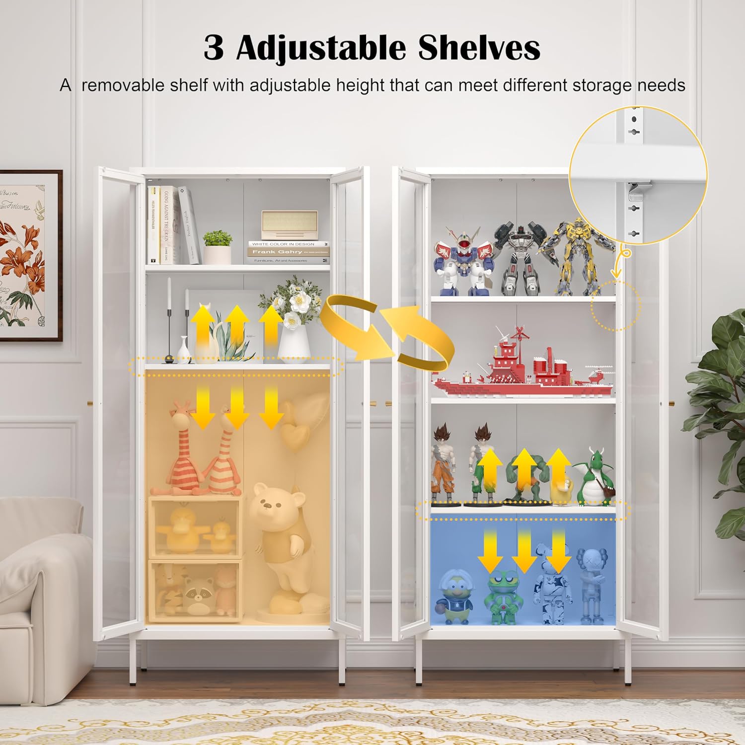 SteeLoong 66" Display Cabinet with Tempered Glass,Metal Curio Cabinet with Glass Doors,4-Tier Display Case for Collectibles,Trophy,Plant,White Storage Cabinets for Living Room - Assemble Required