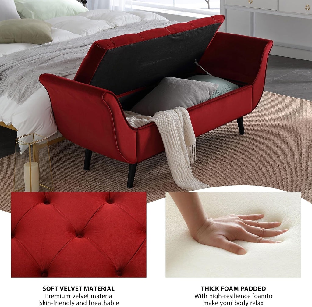 65" Storage Benches Velvet End of Bed Bench Storage Ottoman with Button-Tufted Large Upholstered Window Bench with Storage Shoe Cabinet Bench, for Bedroom, Entryway, Closet(Red)