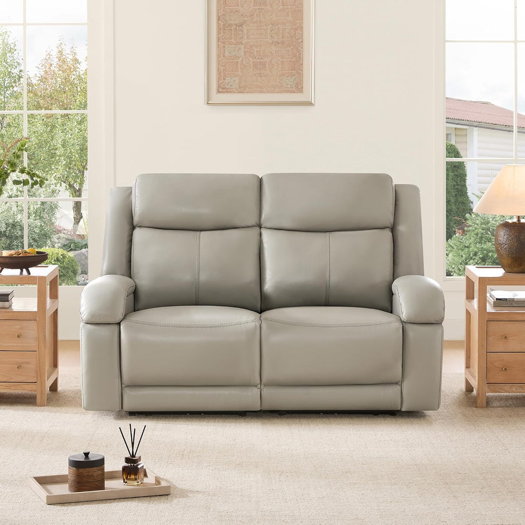 Watson & Whitely Genuine Leather Power Loveseat Recliner Sofa, 2 Seat Wall Hugger Reclining Sofa with Power Headrest & Charging Ports, Dual Recliner Sofas for Living Room, RV, Grey
