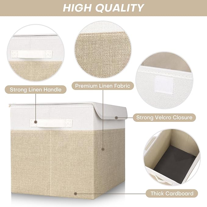 Large 17" 42 Quarts Collapsible Stackable Storage Bins with Lids [3-Pack] Foldable Fabric Linen Storage Boxes Cube, Closet Organizer Baskets with Label (16.7 x 12 x 12", Beige & White)