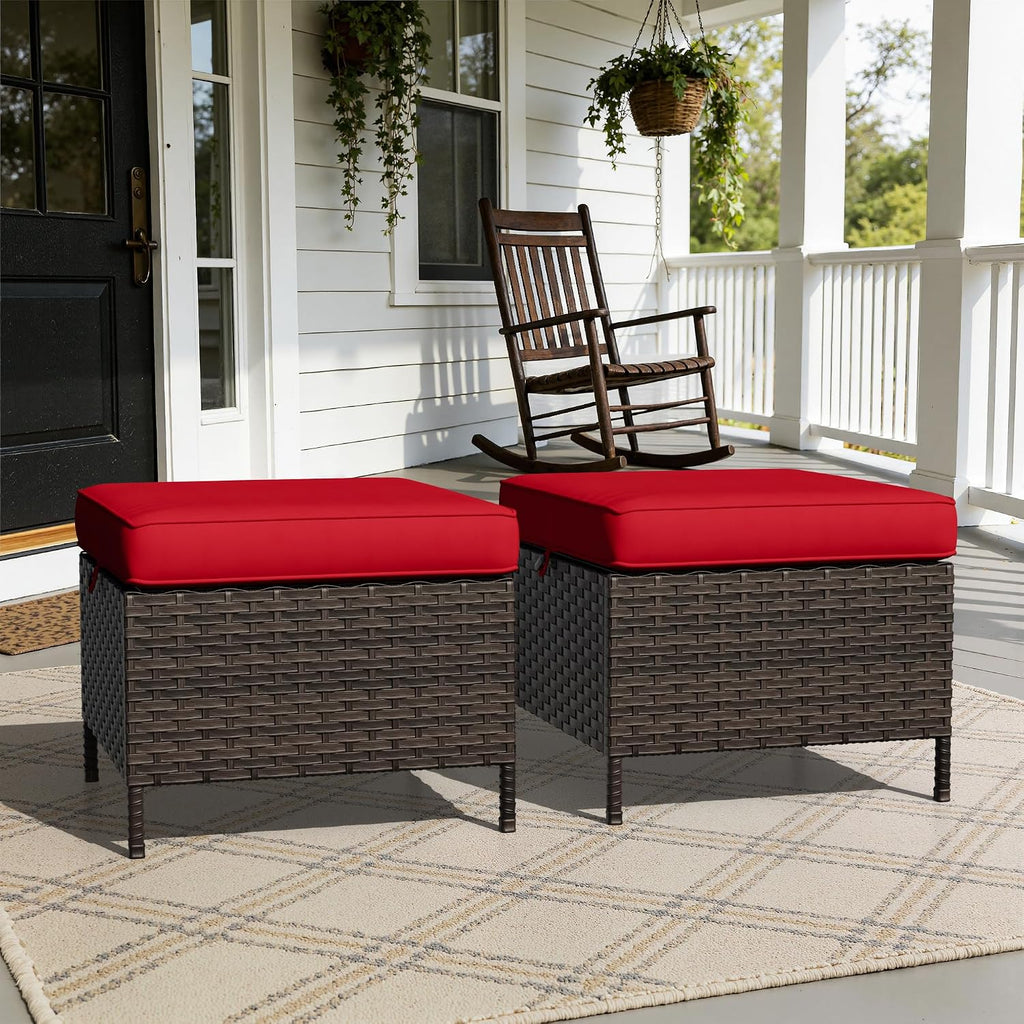 Outdoor Ottomans Set of 2 with Weather-Resistant & Thickened Cushions, PE Rattan Patio Conversation Set for Deck, Porch, Sunroom (Red)