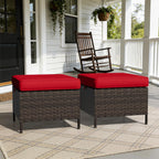 Outdoor Ottomans Set of 2 with Weather-Resistant & Thickened Cushions, PE Rattan Patio Conversation Set for Deck, Porch, Sunroom (Red)