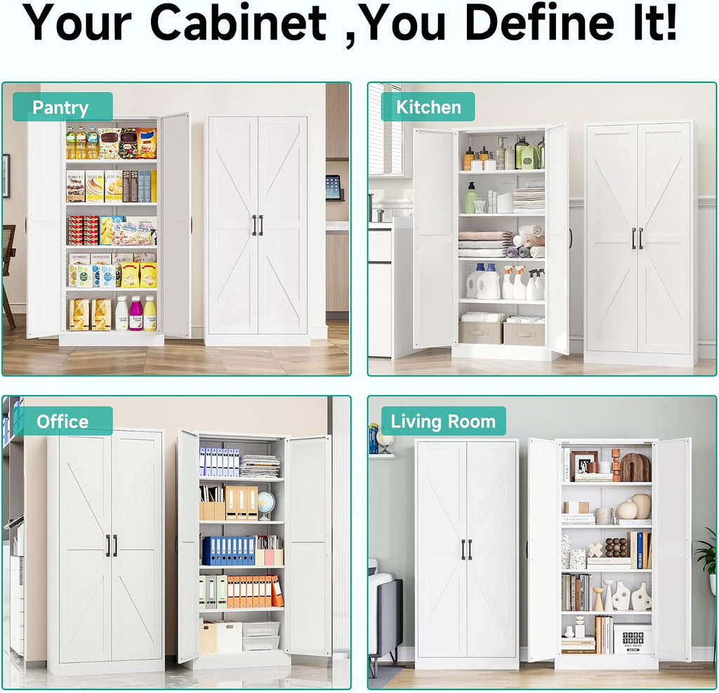 SISESOL 61" Tall Pantry Cabinet,Farmhouse Kitchen Pantry Storage Cabinets with 2 Doors and 5 Shelves,White Metal Storage Cabinet,Large Cupboard for Home,Kitchen,Dining/Living Room