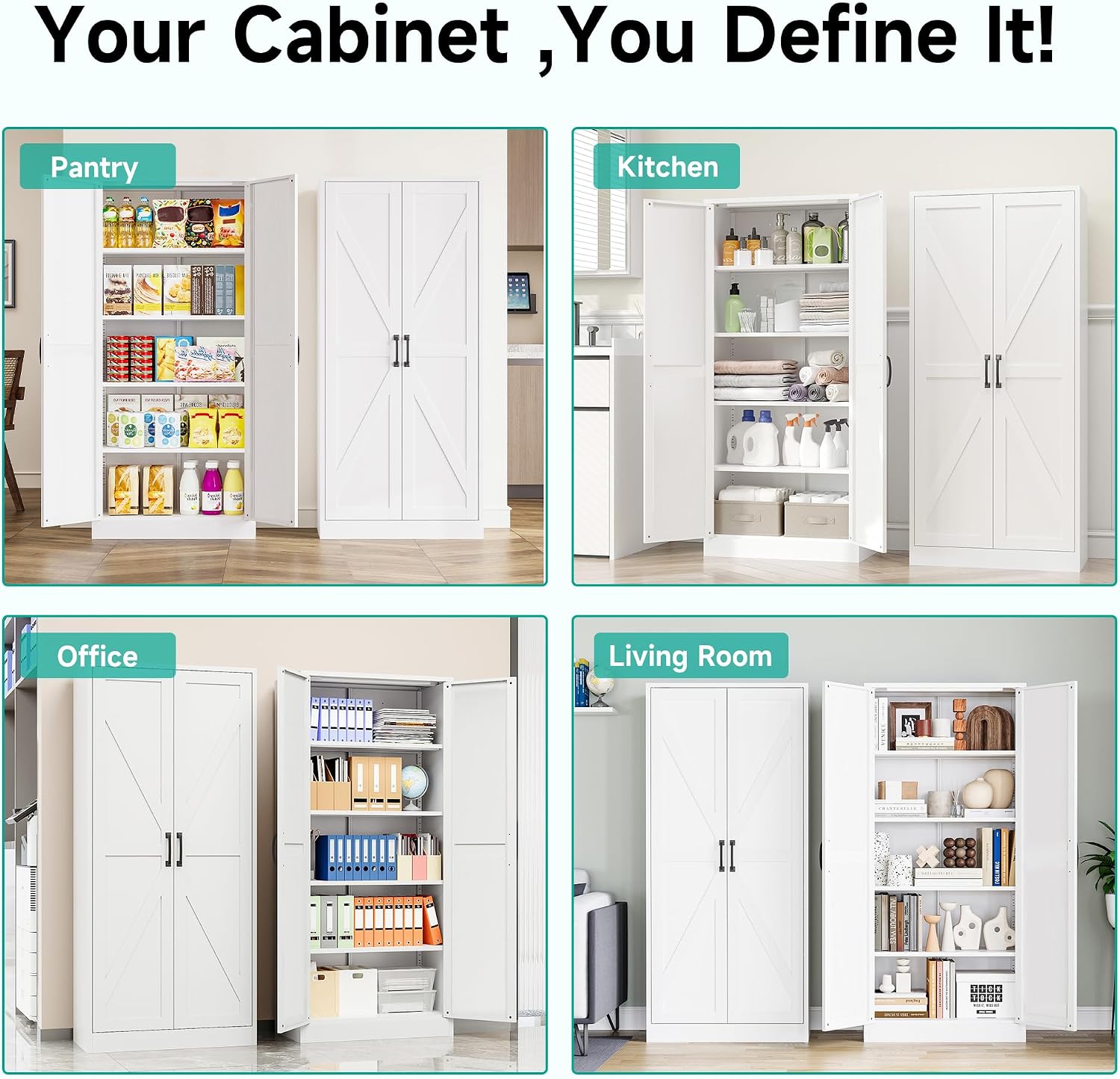 SISESOL 61" Tall Pantry Cabinet,Farmhouse Kitchen Pantry Storage Cabinets with 2 Doors and 5 Shelves,White Metal Storage Cabinet,Large Cupboard for Home,Kitchen,Dining/Living Room
