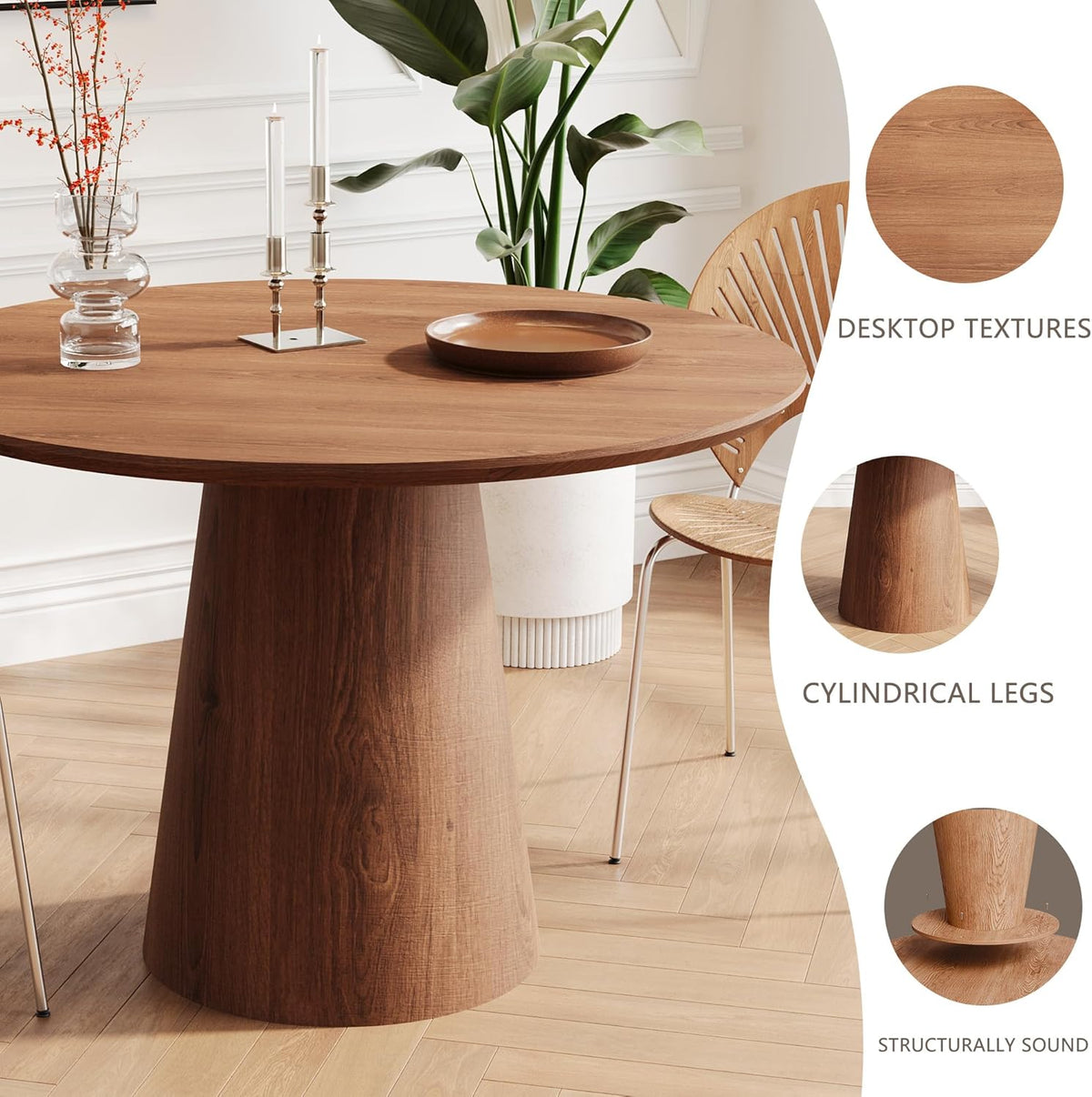 JUSTONE 43.3" Round Dining Table for 4-6,Wood Farmhouse Rustic Kitchen Table with Mid-Century Modern Pedestal Base, Natural Finish for Dining Room/Kitchen/Living Room(Walnut)
