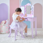Teamson Kids Gisele Medium Vanity with Stool, Purple, Ages 3+ | Stardust Print, LED Lights & Touch Sensor Mirror, Storage Drawer, Pretend Play, Elegant Dressing Table Set