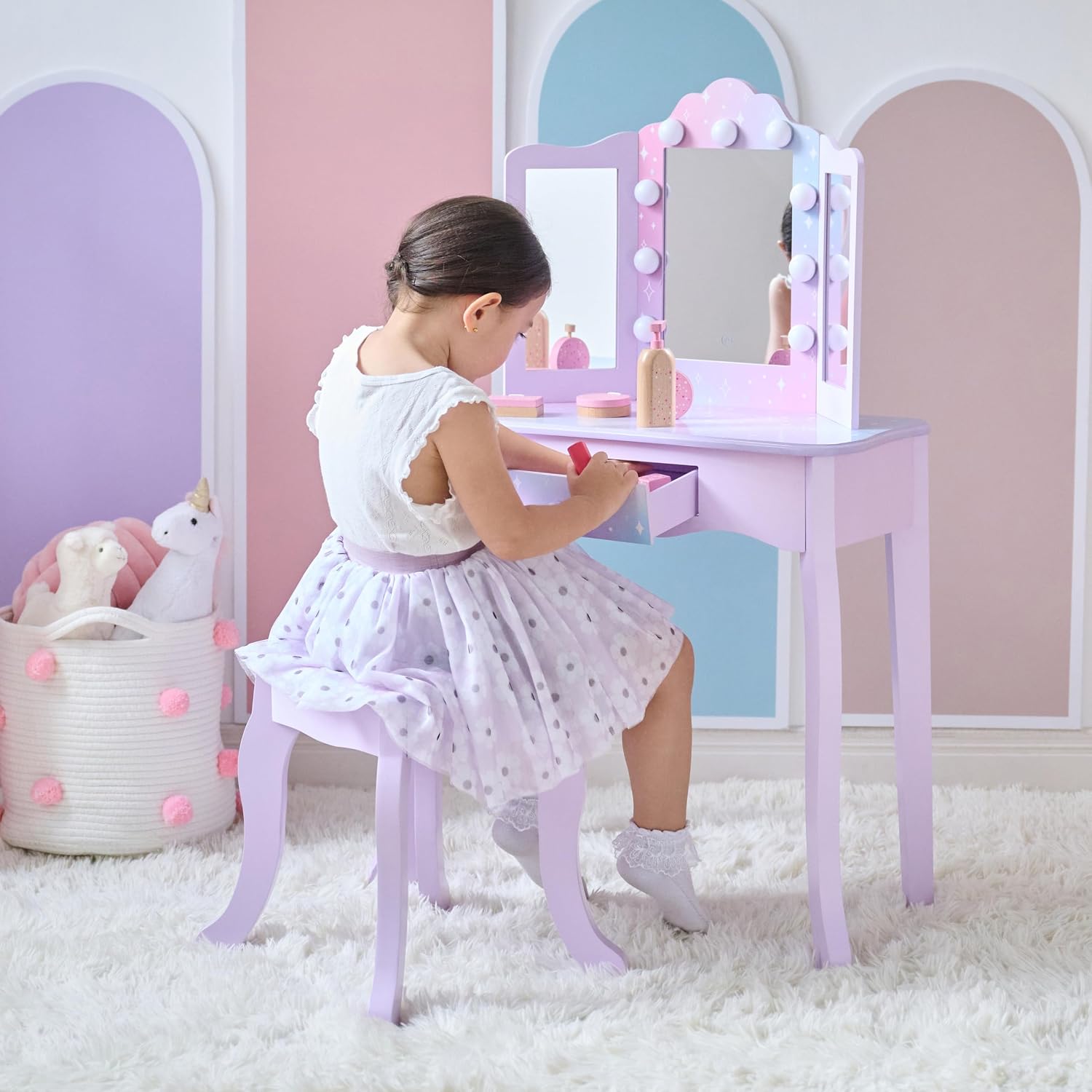 Teamson Kids Gisele Medium Vanity with Stool, Purple, Ages 3+ | Stardust Print, LED Lights & Touch Sensor Mirror, Storage Drawer, Pretend Play, Elegant Dressing Table Set