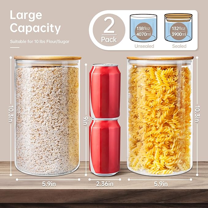 Extra Large Glass Flour and Sugar Storage Containers with Airtight Lids,132 floz x2 [Set of 2] Big Glass Jars with Bamboo Lids, Air Tight Food Storage Jars for Cereal, Pasta, Rice, Coffee