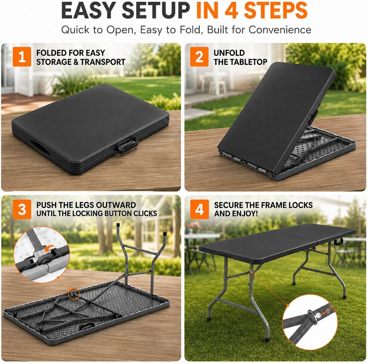 Folding Table 6ft, Heavy Duty Plastic Fold-in-Half Utility Table, Black | Portable Utility Table,HDPE Top,Carry Handle,Sturdy Steel Legs,Indoor Outdoor for Parties,Camping,Dining,Supports 330 lbs
