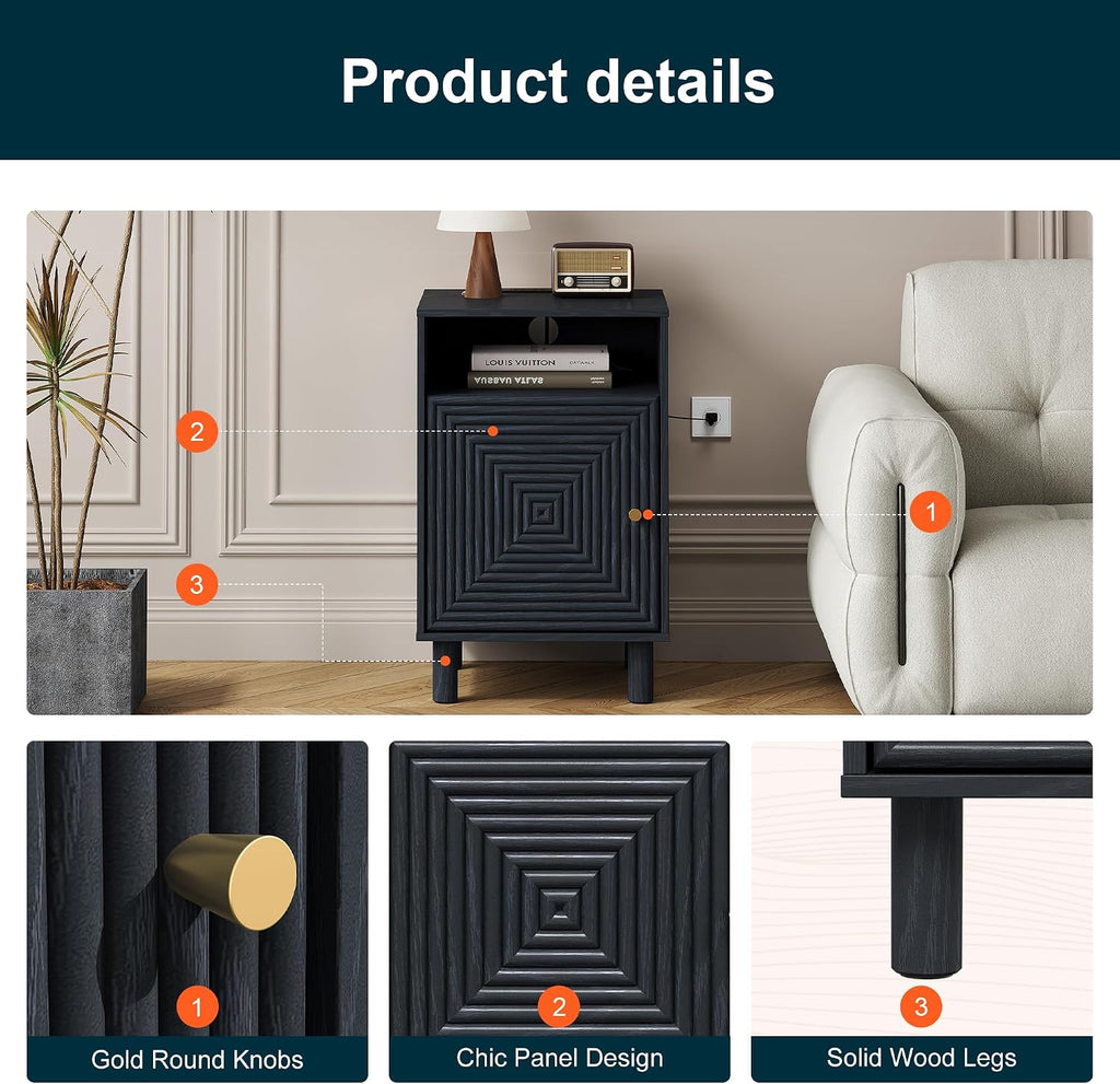 RoyalCraft Black Nightstand with Charging Station, End Table with Storage | Mid-Century Modern End Table for Living Room, Side Table with Solid Wood Legs, Bedside Table for Bedroom, Entryway