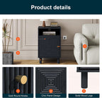 RoyalCraft Black Nightstand with Charging Station, End Table with Storage | Mid-Century Modern End Table for Living Room, Side Table with Solid Wood Legs, Bedside Table for Bedroom, Entryway