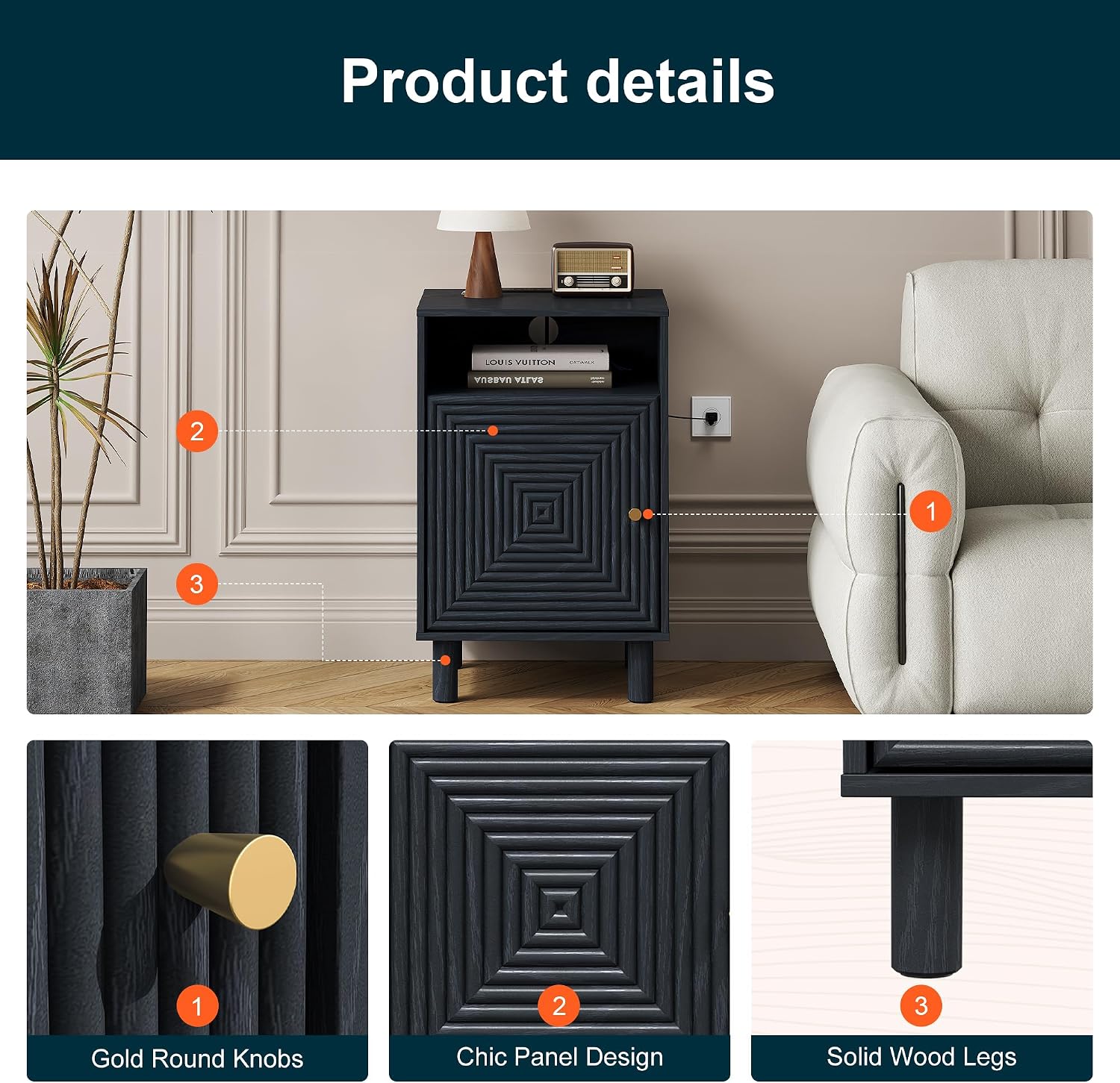 RoyalCraft Black Nightstand with Charging Station, End Table with Storage | Mid-Century Modern End Table for Living Room, Side Table with Solid Wood Legs, Bedside Table for Bedroom, Entryway